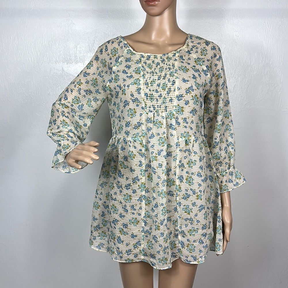 Free People Floral Print 3/4 Sleeve Babydoll Mini Dress Size 2